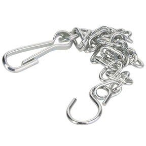 Introducing the AGCO Chain Cardan Shaft - D46150381, a genuine chain known for its high fatigue strength, featuring a coiled silver metal design with one open hook and one closed hook at each end.