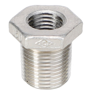 A metallic hexagonal threaded pipe reducer, branded as AGCO and labeled "BUSH - AG562712," with the marking "150" engraved on one face. No current product description information is available.