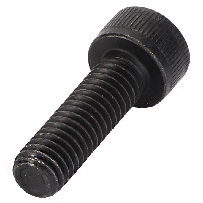 A close-up image of the AGCO Socket Head Setscrew - Acw0996340, featuring a black metal construction with a threaded shaft and a cylindrical, ridged head.