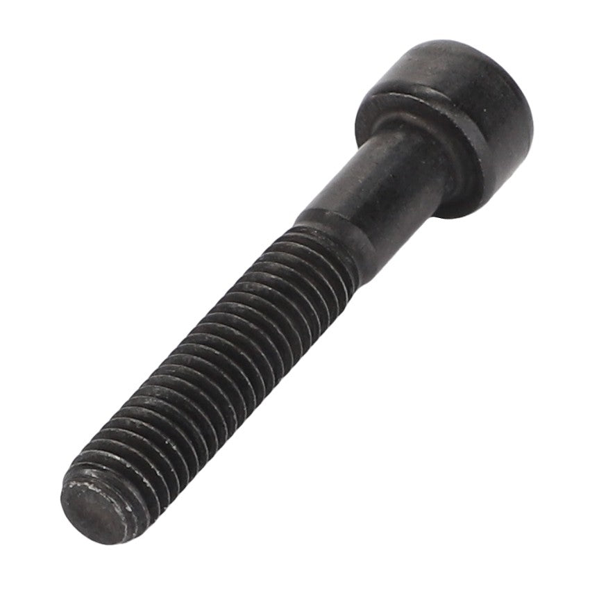 The AGCO | Socket Head Setscrew - Acw0937990 by AGCO is a black metal hex socket cap screw featuring a cylindrical head and threaded shaft. No current product description information is available.