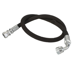 The AGCO Hydraulic Hose - Acp0003220 is a coiled black hydraulic hose featuring durable metal fittings on both ends, with one fitting straight and the other angled.