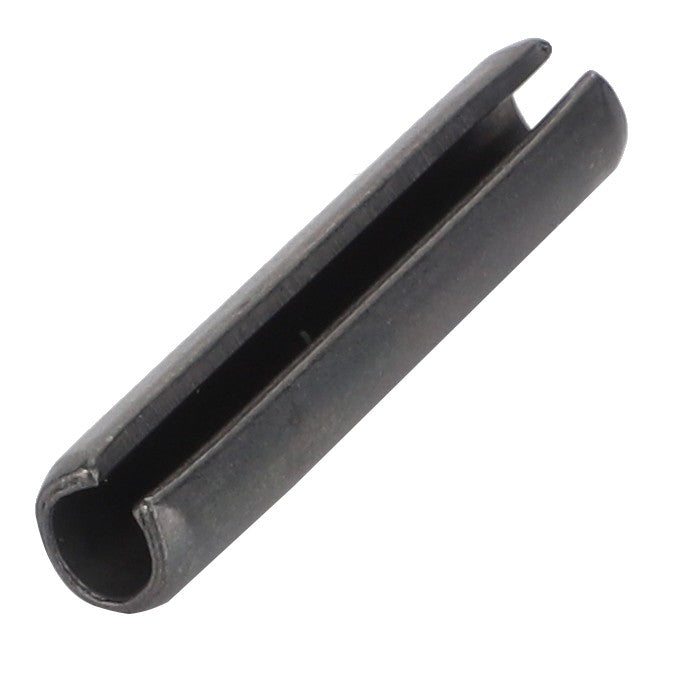 A close-up of the AGCO Dowel - F334310020130, a black tension pin used for securing parts in mechanical assemblies. This essential component features a hollow, cylindrical shape with a longitudinal slit.