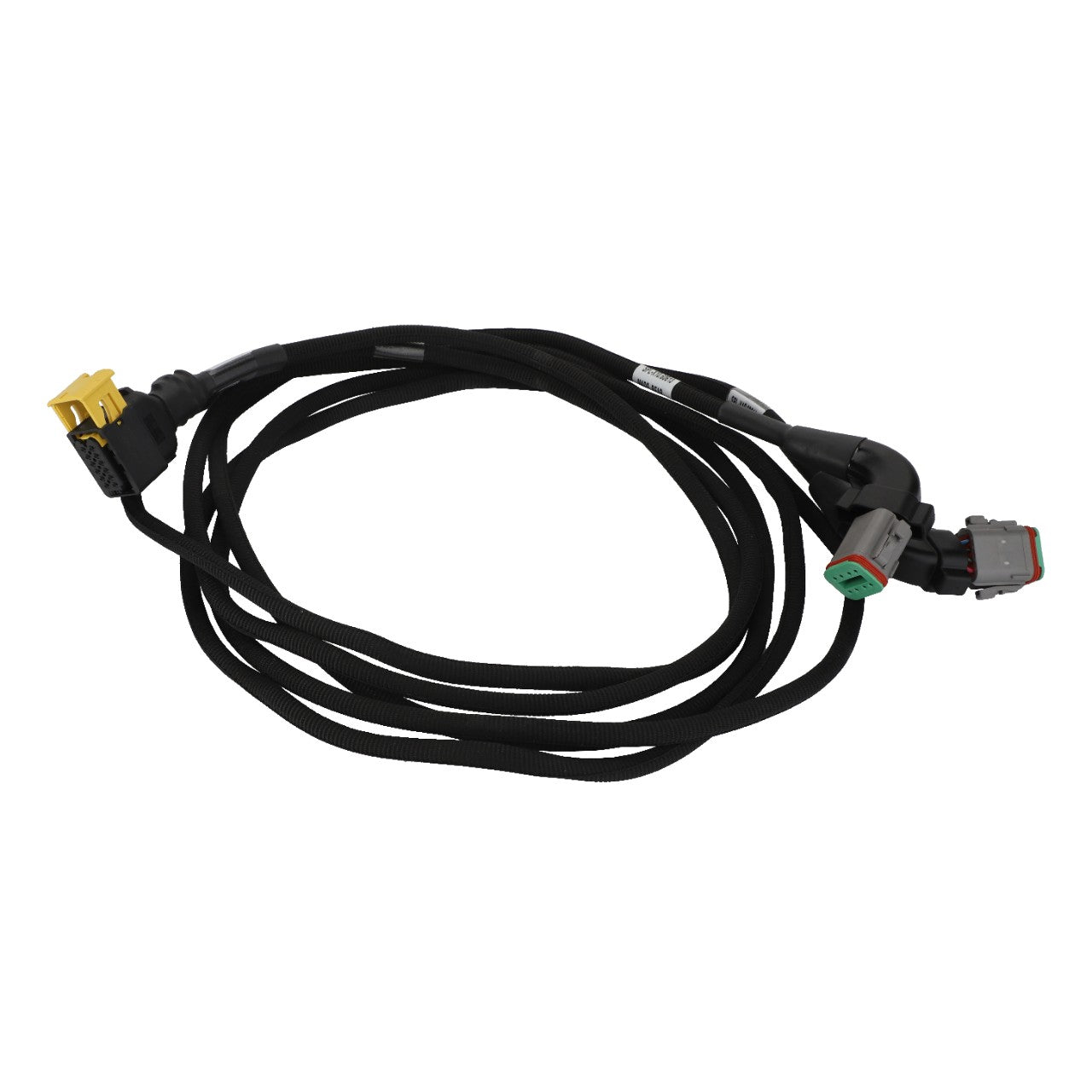 The AGCO Harness - Acw1390670, a coiled black electrical wiring harness from AGCO, is meticulously designed with multiple connectors on each end to ensure seamless connectivity and optimal performance.