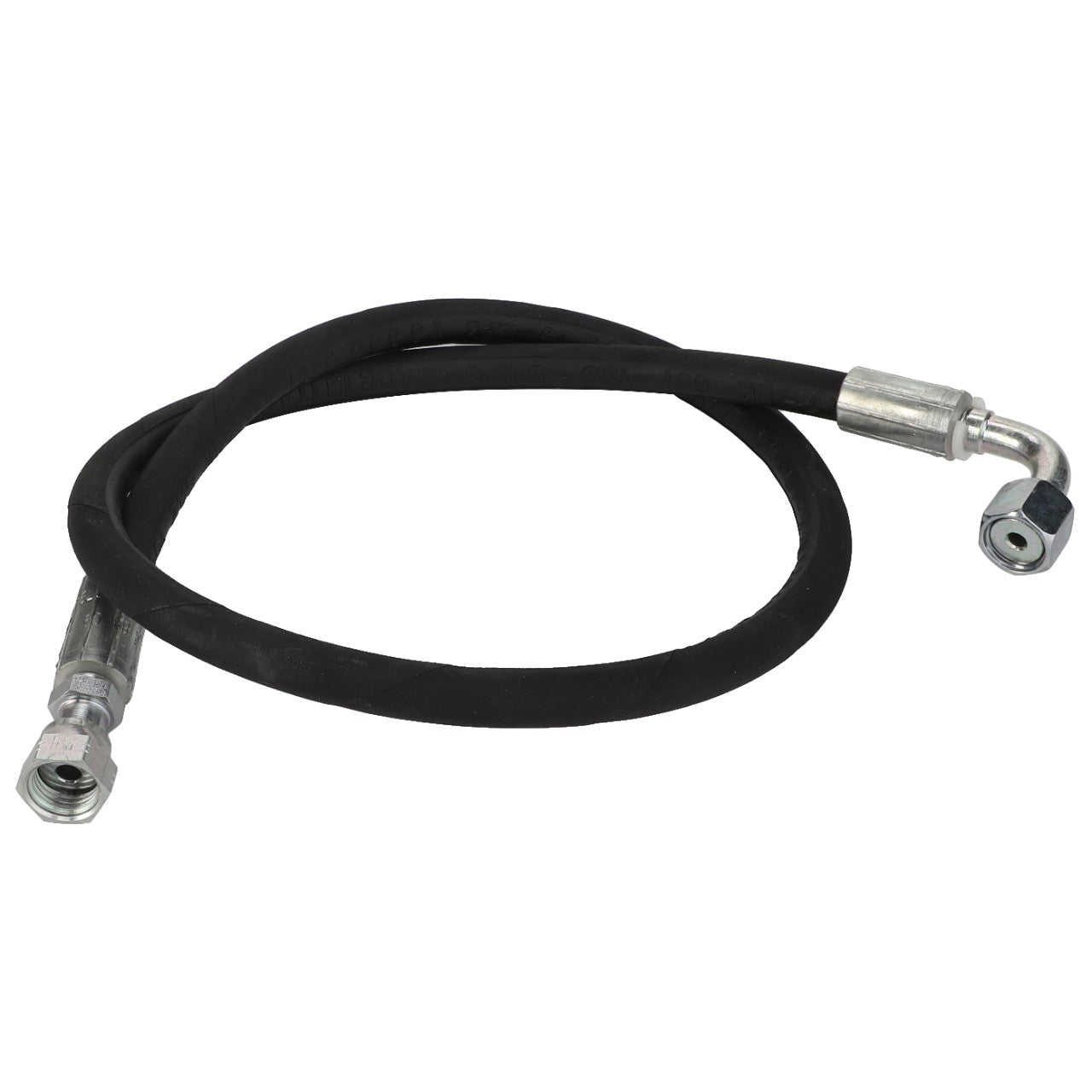 Image of the AGCO Hydraulic Hose - Acw2794660, black in color with metal connectors on both ends, featuring one straight and one angled connection.