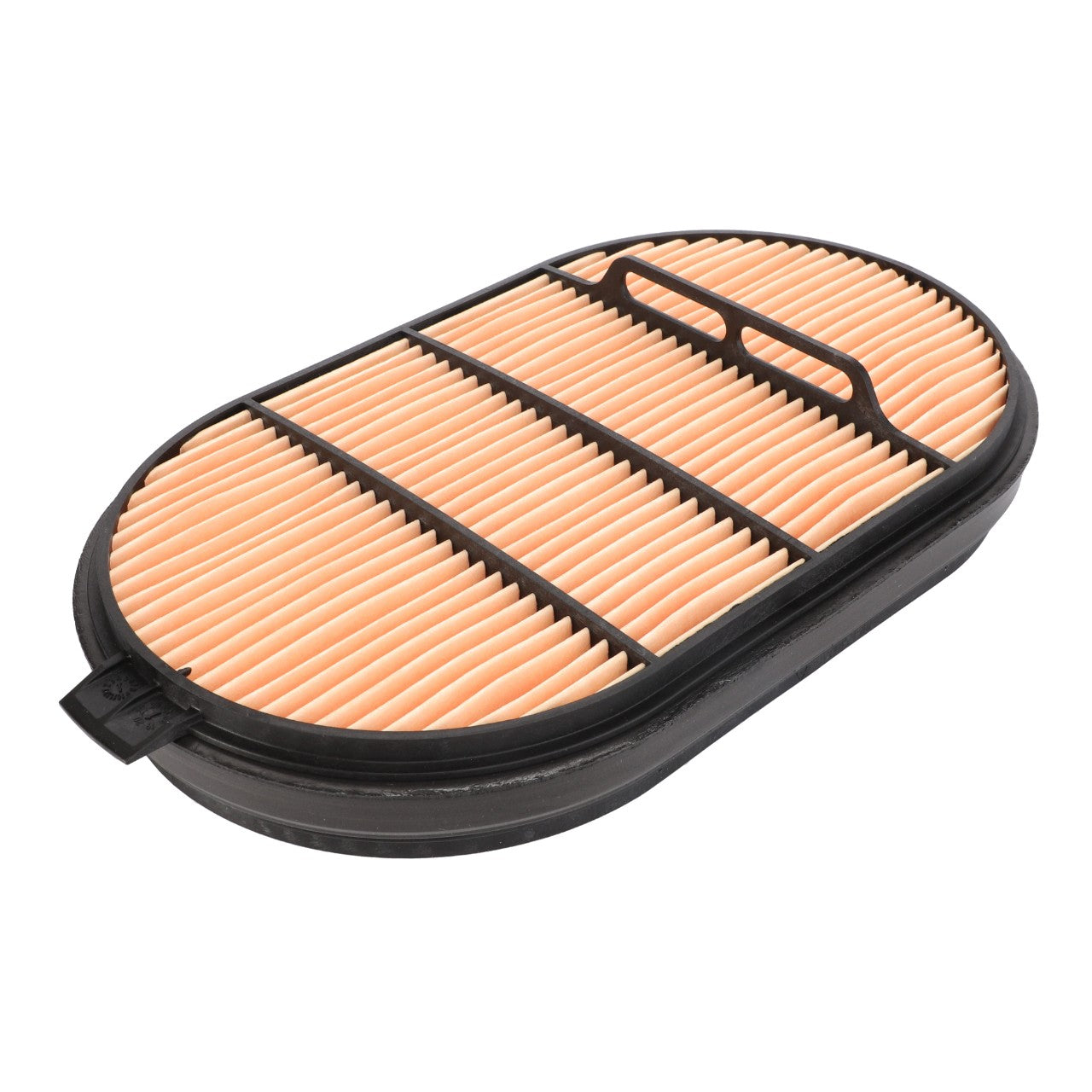 The AGCO Engine Air Filter - ACP0533610 features an oval-shaped design with a black rubber frame and a beige pleated paper element, offering enhanced filtration efficiency for superior engine protection.