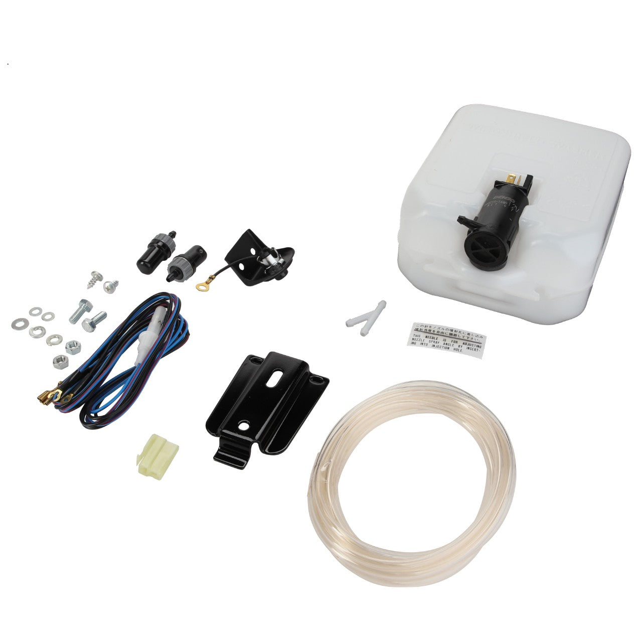 The AGCO | TANK - AG718456 comprehensive kit includes a white plastic tank with a motor, various screws and fittings, black metal brackets, a set of wires, a clear hose, and an electrical connector.