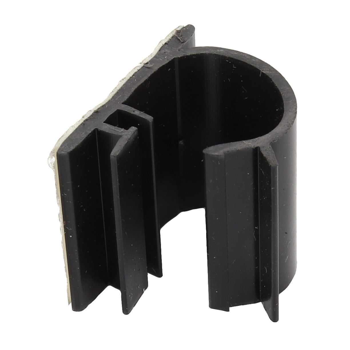 The AGCO | CABLE CLIP - AG562938 is a black, C-shaped plastic clip with ridged edges, designed for holding or organizing cables and wires.