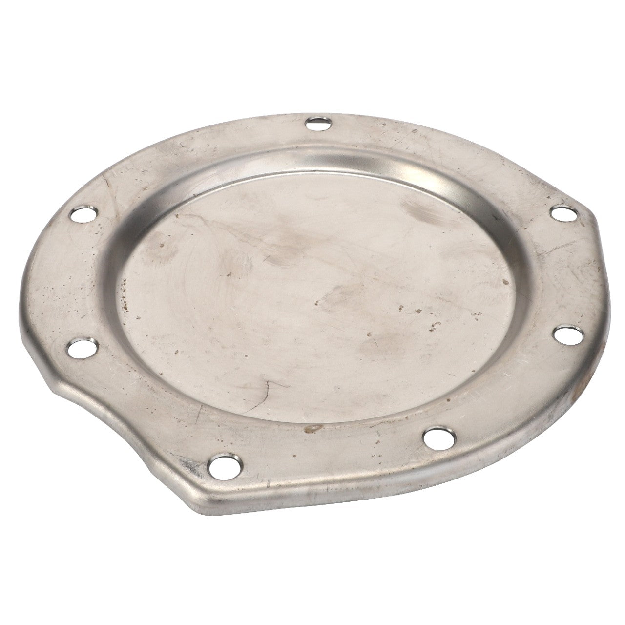 The AGCO | Cover - V836120144 is a round metal plate featuring six evenly spaced holes along the outer edge, engineered for precision and durability.