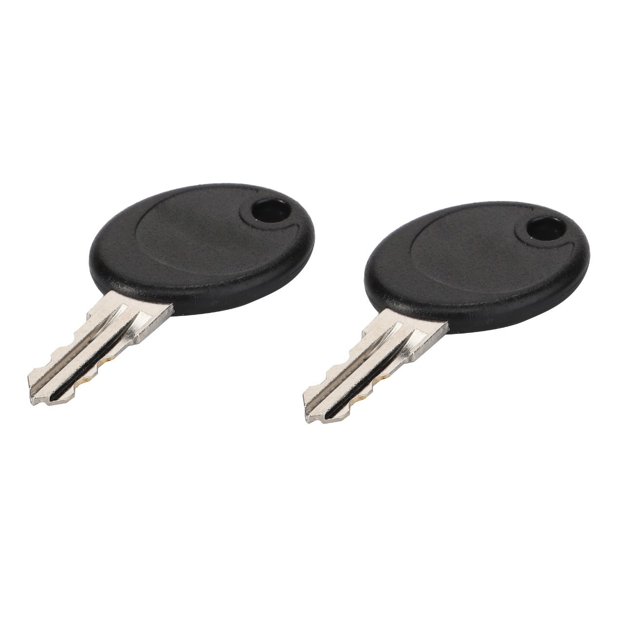 Two identical AGCO | Key - Acp0556020 silver keys with black rounded plastic tops are laid side by side on a white background, reminiscent of precision machinery from Valtra.