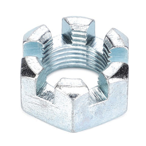 A silver metallic slotted nut with a castellated top, viewed from an angled perspective, ideal for use in Massey Ferguson models. Product Name: AGCO | Slotted Nut - 70918787. Brand Name: AGCO.