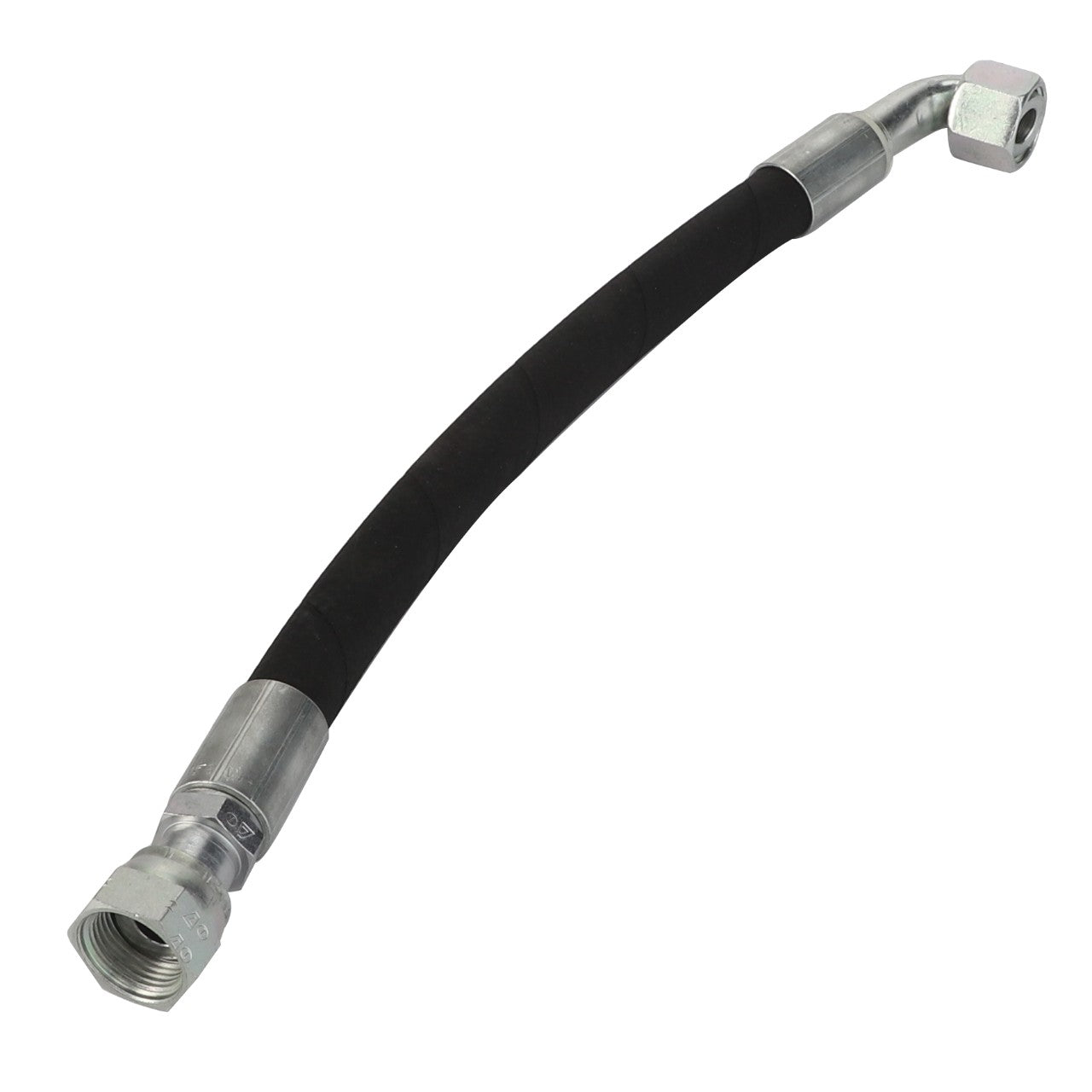 The AGCO Hydraulic Hose - Acw1842490 is a flexible hose featuring metal fittings on both ends, with one end slightly angled. No current product description information is available.