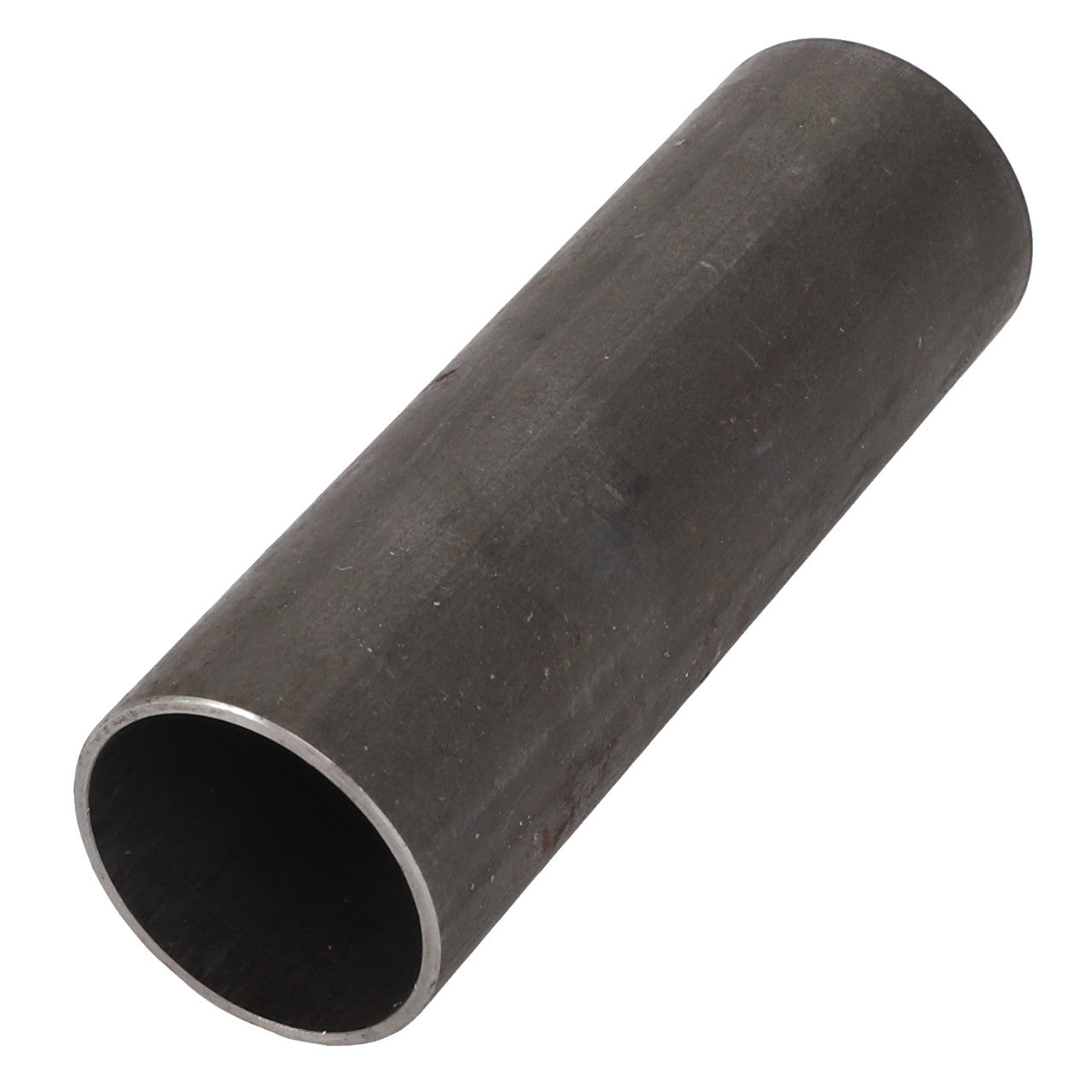 A diagonally positioned, dark grey cylindrical metal pipe with a hollow interior and one end facing the viewer. The product is described as "AGCO | Spacer Tube - Fel150947" by the brand AGCO.