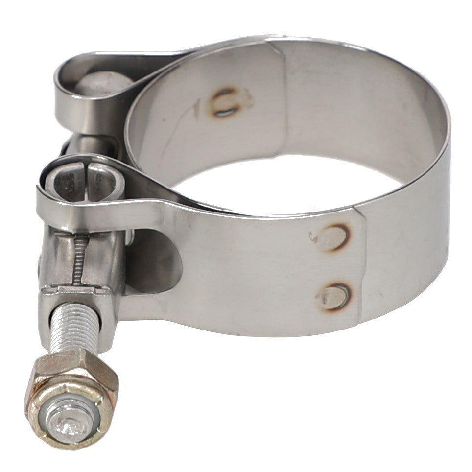 Introducing the AGCO | HOSE CLAMP - AG562667, a robust stainless steel T-bolt hose clamp featuring a hex nut and bolt design, perfect for securely fastening hoses in both plumbing and automotive applications.