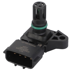 The AGCO warning decal ACP0539420 is a black automotive sensor featuring a green O-ring and a multi-pin connector. It includes a cylindrical protrusion with ventilation slots on top and an attached plastic mounting bracket. Additional product features are not currently available.