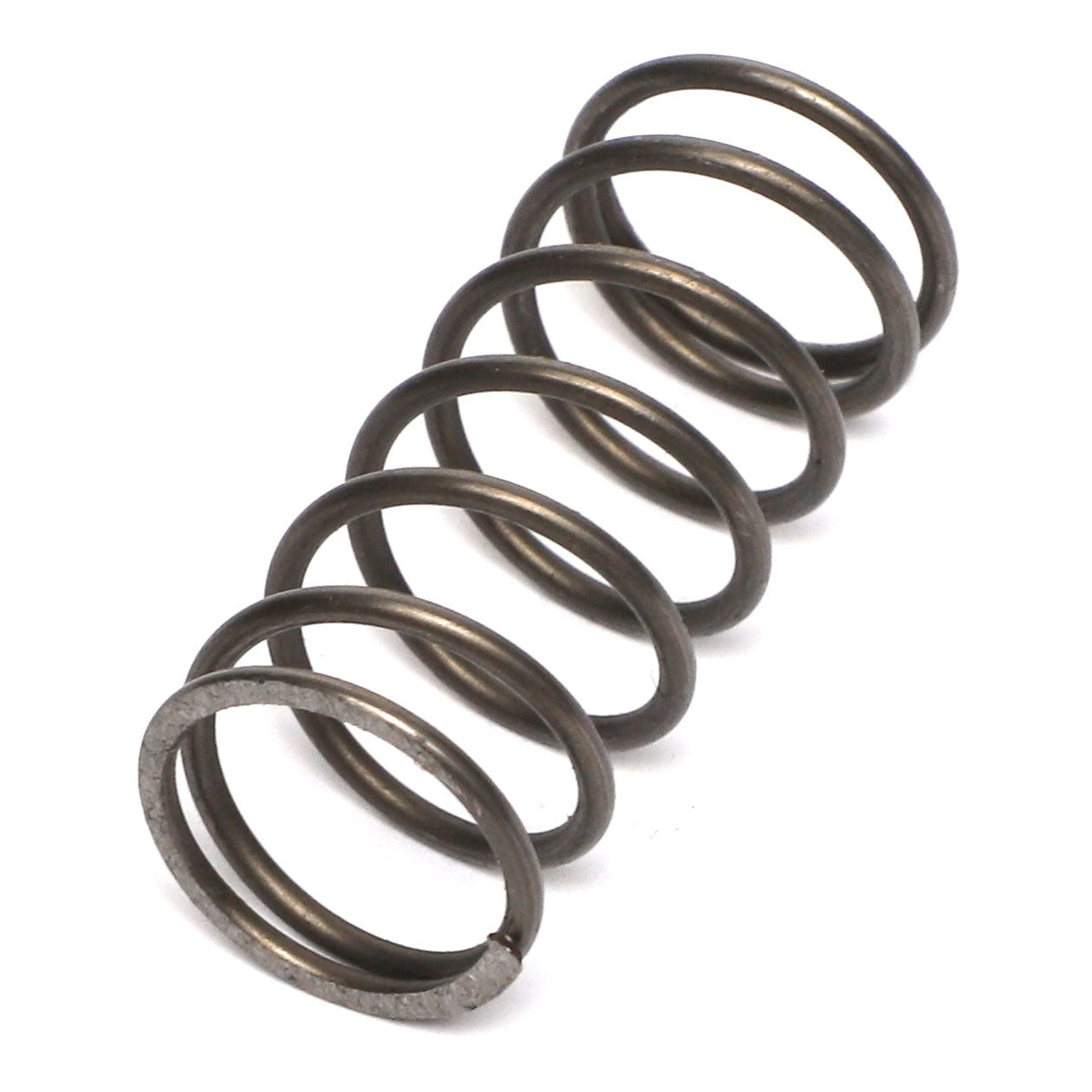 Close-up of the AGCO | SPRING - AL1101017, a metal compression spring with a coiled structure. This industrial element, branded by AGCO, slightly bends to the right and shows wear on the ends.