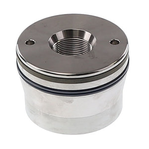 The AGCO PISTON - AL12710012, a cylindrical metal component, features a threaded central hole, two smaller holes on opposite sides, and includes rubber O-rings. No current product description information is available for this item.