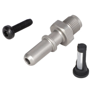 A silver metal hose connector, a black screw, and a small black-capped metal filter screen on a white background, compatible with Fendt IDEAL machinery, are components of the AGCO Suction Filter - Acp0300680 by AGCO.