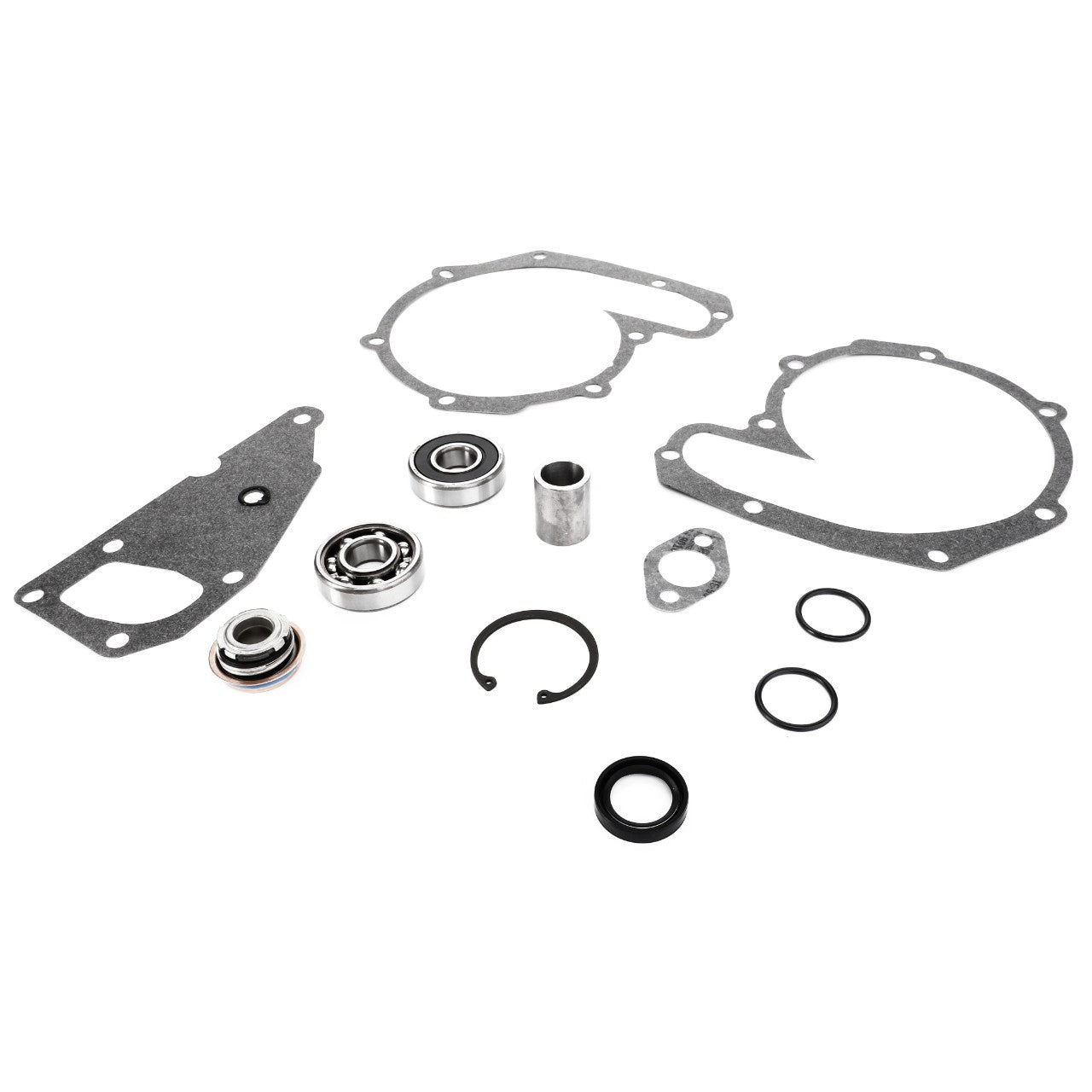 A collection of mechanical parts including gaskets, bearings, seals, and a clip from the AGCO Water Pump Repair Kit - V836316441, arranged on a white background. No current product description available for this item.