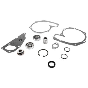 A collection of mechanical parts including gaskets, bearings, seals, and a clip from the AGCO Water Pump Repair Kit - V836316441, arranged on a white background. No current product description available for this item.