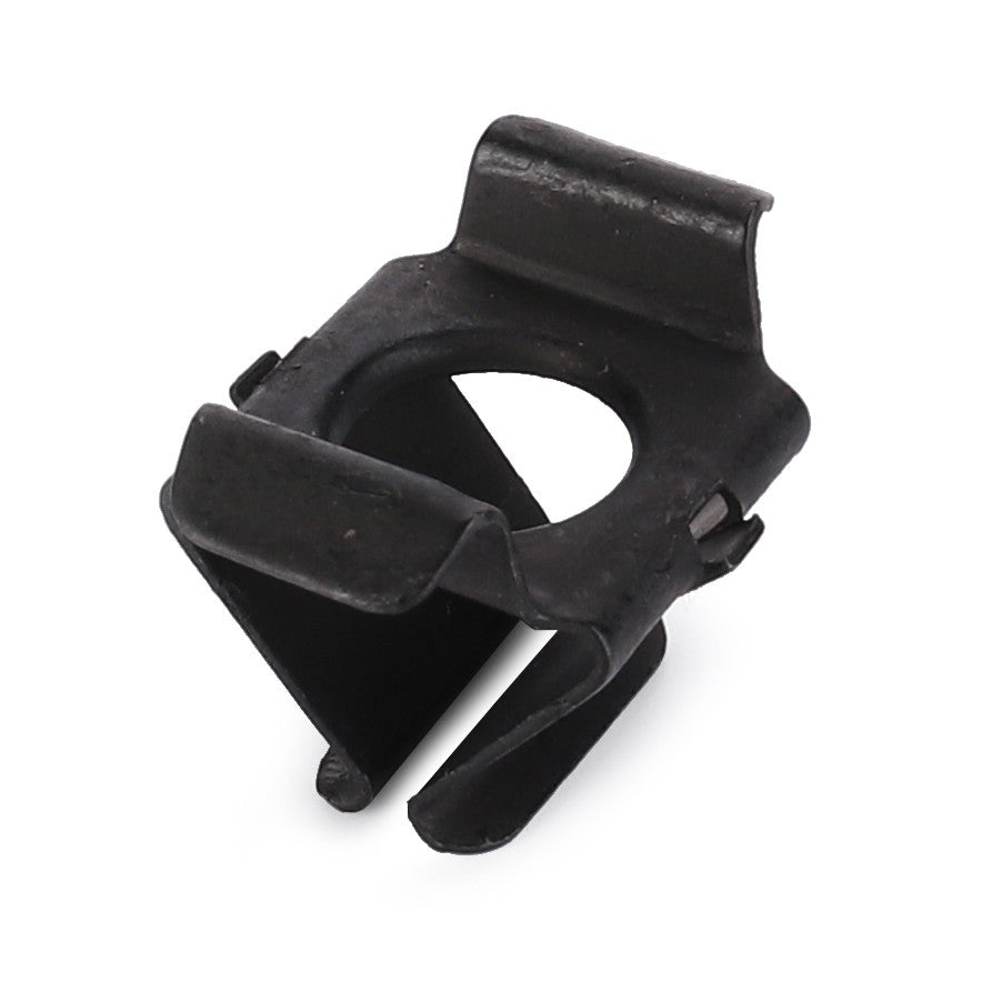 The AGCO Clip - 1696615M1 is a black metal clip featuring a circular opening and bent edges, designed for compatibility with various Massey Ferguson models.