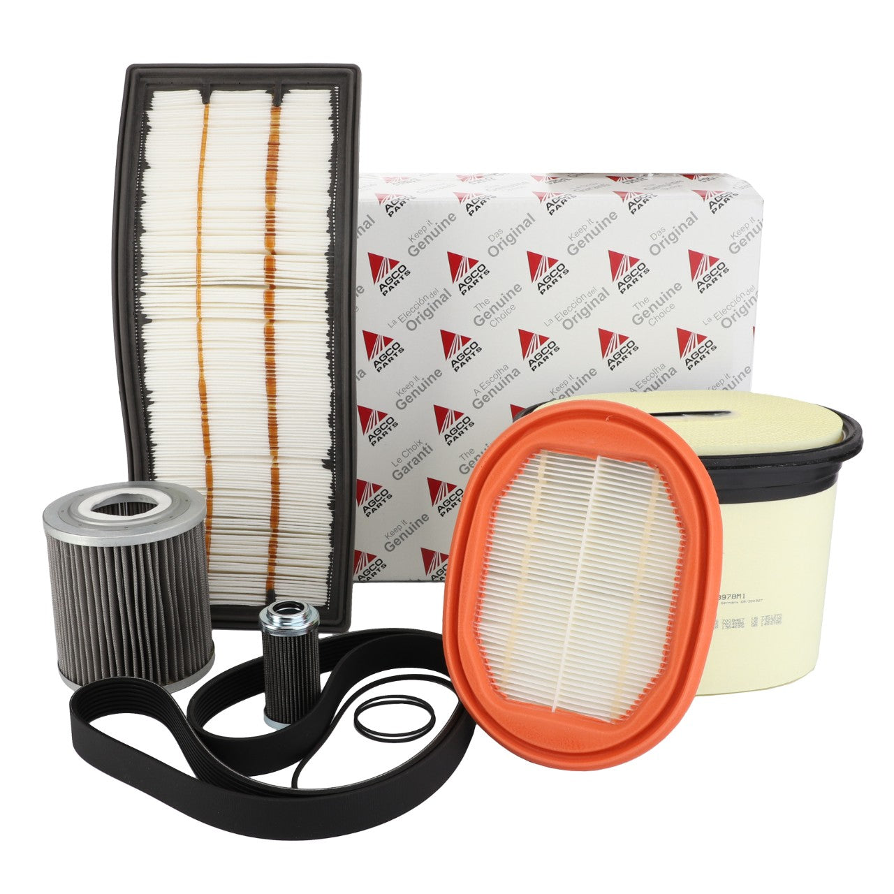 The AGCO | Service Kit - Acp0525380 by AGCO includes a collection of car air filters, an oil filter, a belt, and comes packaged in a branded box. Currently, no product description is available.