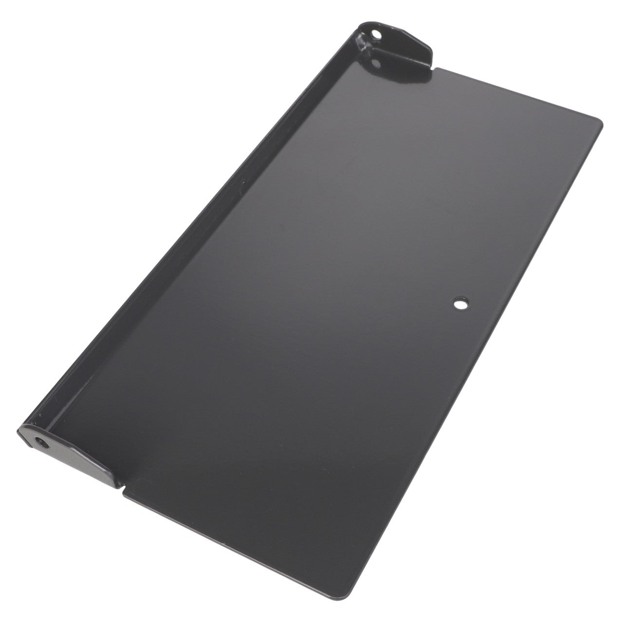 Introducing the AGCO Sensor Plate - Acx3115850, a high-quality black metal mounting plate featuring a single round hole in the center and raised edges on two sides. Ideal for various applications where sturdy and reliable sensor mounting is required.