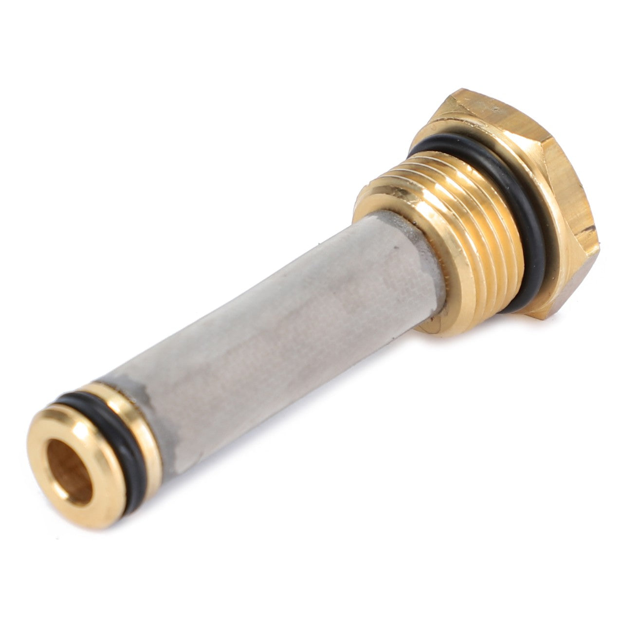 Close-up image of a brass faucet cartridge featuring a mesh filter and black O-rings on either end, crafted for plumbing systems, evoking the robust design of the AGCO Engine Oil Filter Cartridge - 4301429M3 by AGCO used in Massey Ferguson models.