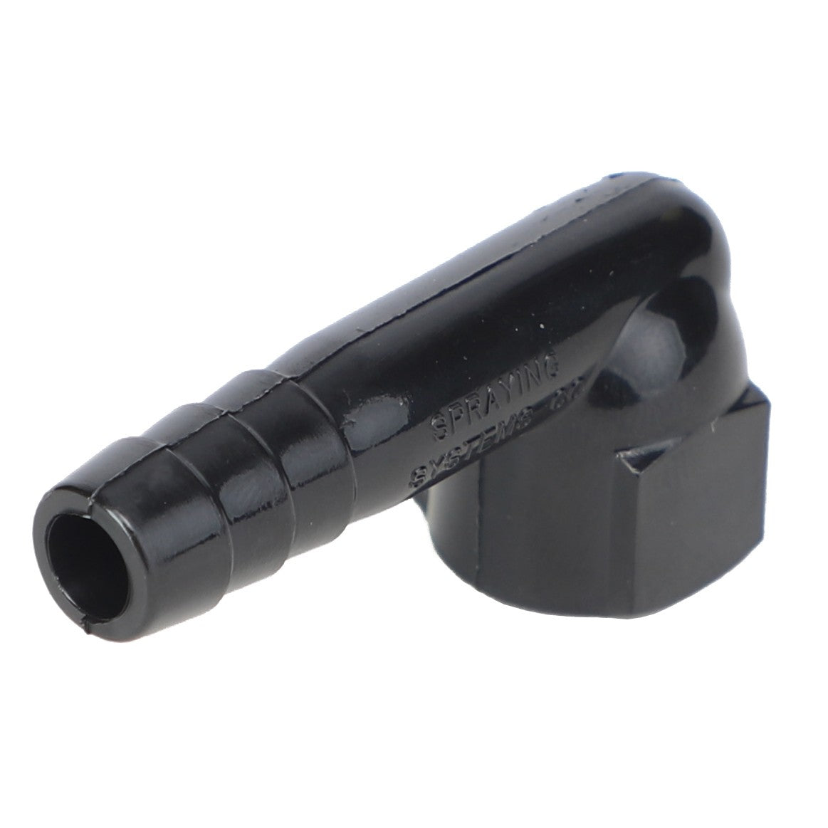 A black plastic hose barb elbow connector with a 90-degree angle, known as the AGCO Elbow Fitting - Ag007131 by brand AGCO. No current product description available.