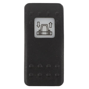 A black rectangular button with a white square icon of a seat and arrows pointing up and down, indicating an adjustable seat position, comes from AGCO under the product name AGCO | SWITCH - D45050028. No further product description details are available at the moment.