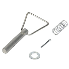 The AGCO | PLUNGER - AG719737, a metal pin with a triangular handle, accompanied by a spring, washer, and small cotter pin, is thoughtfully arranged on a plain white background. No current product description information available.