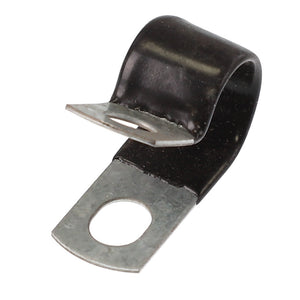 The AGCO | CLAMP - AG330993 is a robust cable clamp crafted from metal and plastic, designed with a screw hole for secure attachment.