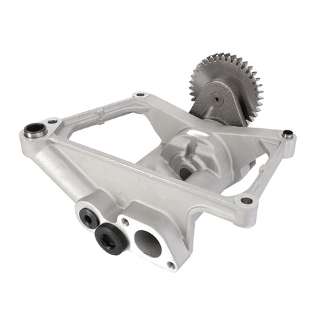 The AGCO | Oil Pump - Acp0222270, a high-quality metal automotive part by AGCO, features a gear and a triangular frame structure designed for optimal engine oil circulation.