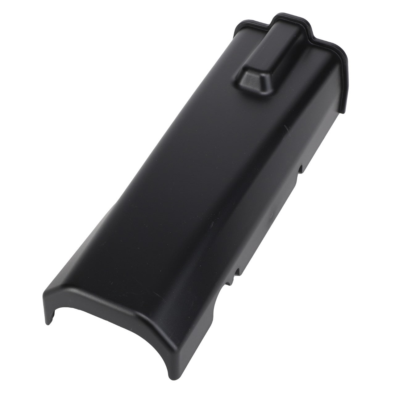 The AGCO COVER - AL10418346 is a black piece of molded plastic featuring a curved, indented top and a small protrusion near one end. Currently, no additional product description information is available.