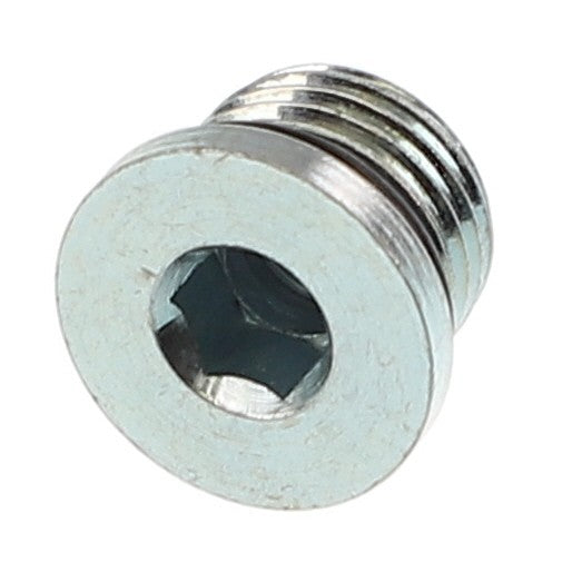 Detailed close-up of the AGCO PLUG - AL5028121, a silver hex socket plug screw featuring threading on the top half and a smooth circular head. No current product description information available.