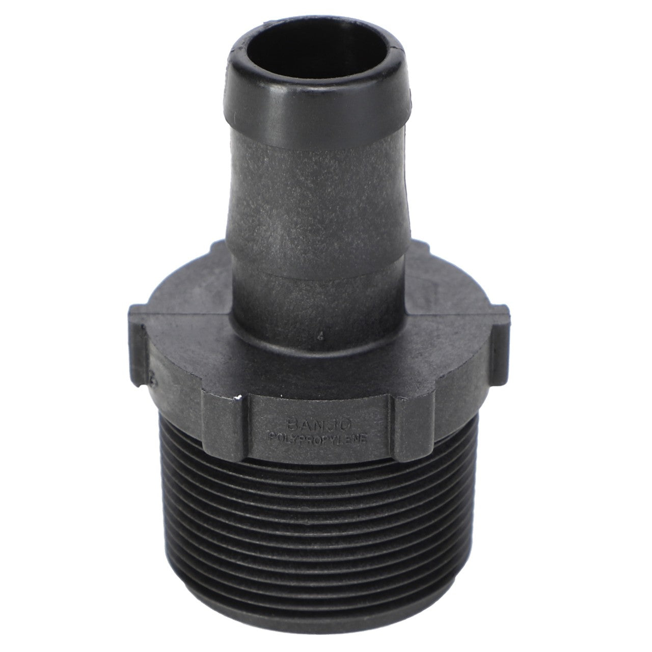 No current product description available for the AGCO Hose Barb - Ag000769, a cylindrical black hose adapter featuring a ridged threaded end and a smooth hose end that widens at the base and narrows toward the top.