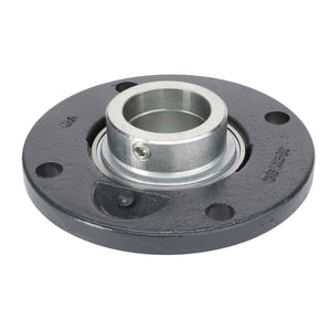 The AGCO Bearing And Flange Assembly - D41711000 is a circular black metal flange bearing with a cylindrical silver interior, featuring multiple bolt holes around its perimeter and a set screw on the side. It is ideal for bearing and flange applications in Fendt models or Massey Ferguson models.