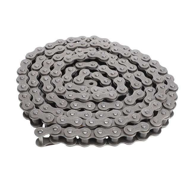 AGCO's Roller Chain Grain Bin Unloading - Acx0054210, a high fatigue strength coiled metal bicycle chain, set against a white background.