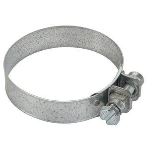 The AGCO Spacer - D26733990 is a metallic hose clamp with a screw for tightening. This circular clamp, seemingly made of galvanized steel, currently has no available product description information.