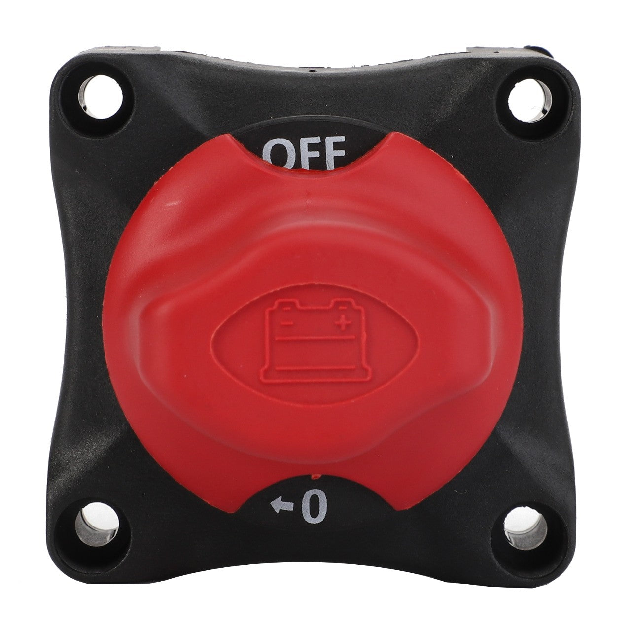 The AGCO Switch - Acw3548840, featuring a red rotary dial labeled "OFF" at the top and "0" at the bottom, comes equipped with four mounting holes at the corners and a battery icon in the center—perfect for your Massey Ferguson or Valtra equipment.