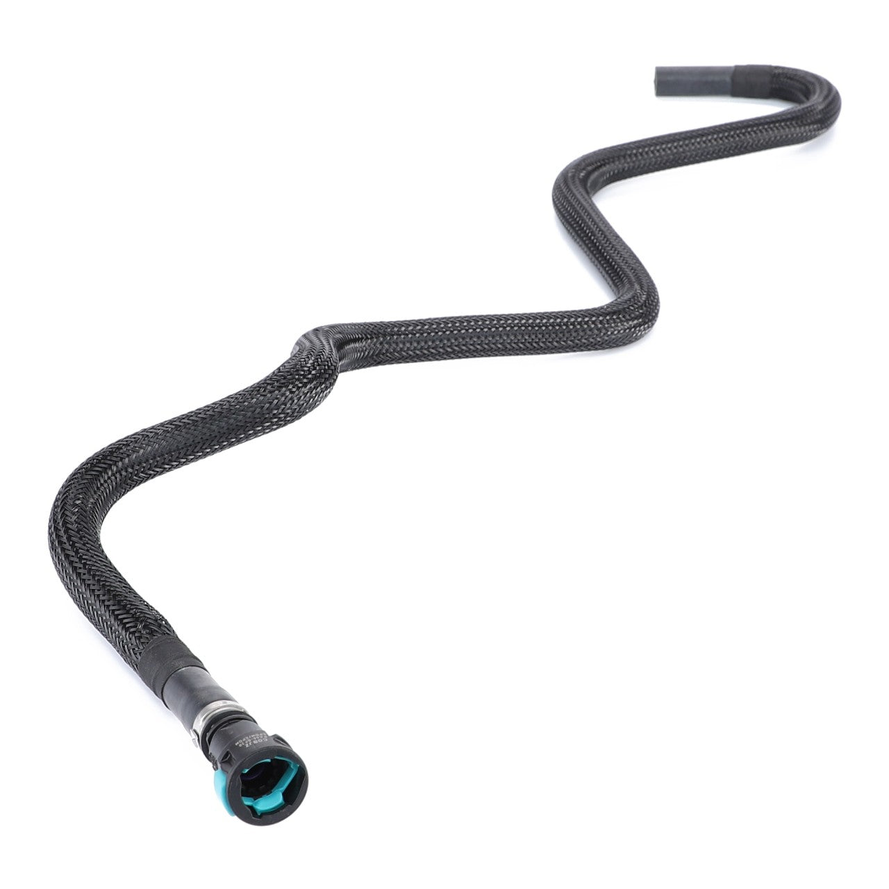 The AGCO Water Hose - 4391953M2 is a durable, black braided hose known for its flexible design. It features a metal fitting on one end and a rubber tip on the other. The hose curves gracefully into a wavy shape, providing easy maneuverability.