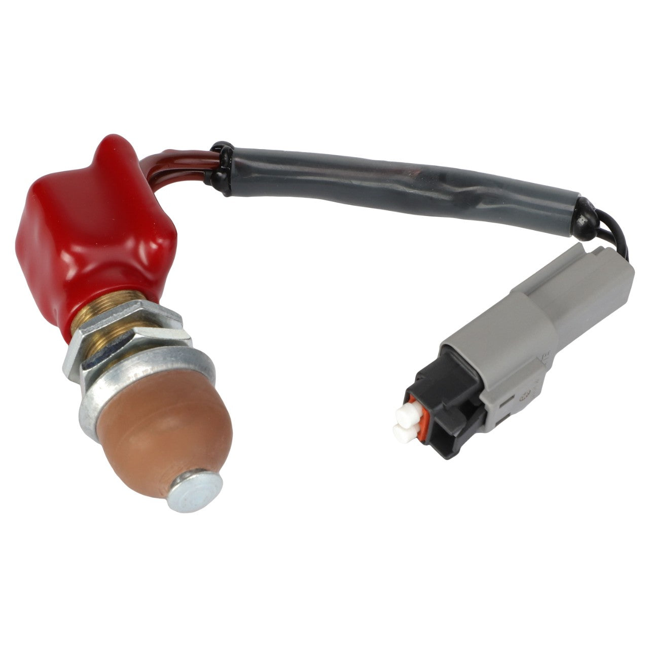 The AGCO Switch - Acw1054090, an automotive sensor featuring a red protective cover and a gray electrical plug connected by a short black cable, is available. However, there is no current product information.