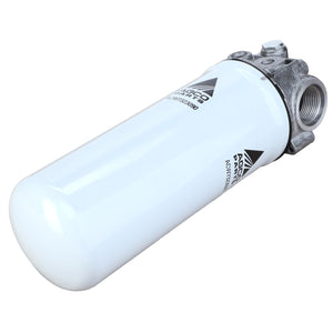 A durable, low-pressure hydraulic filter assembly by AGCO, model Acw7323080, is designed as a white cylindrical element with metallic components on one end and features the Parker Racor logo and part number.