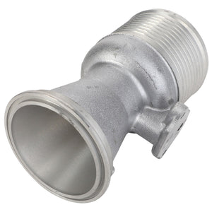 A metallic pipe fitting from AGCO, the Boost Pipe - Acw5329830, features a threaded section on one end and a wider, elegantly flared opening on the other.