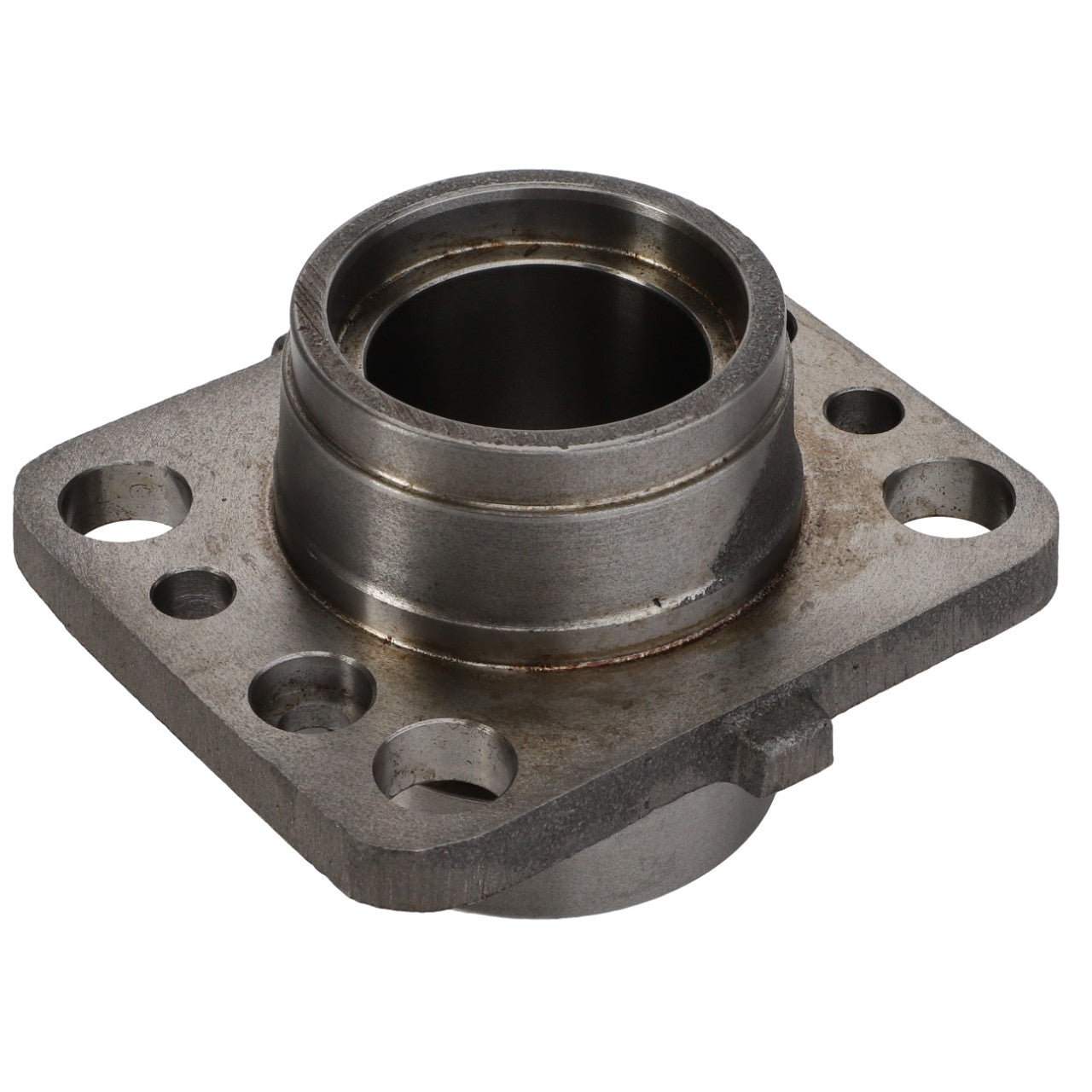 The AGCO Bearing Carrier - D44126200 is a metal mechanical component featuring a central cylindrical opening, a flanged base with four mounting holes, and visible signs of wear. No current product description information is available for this item.