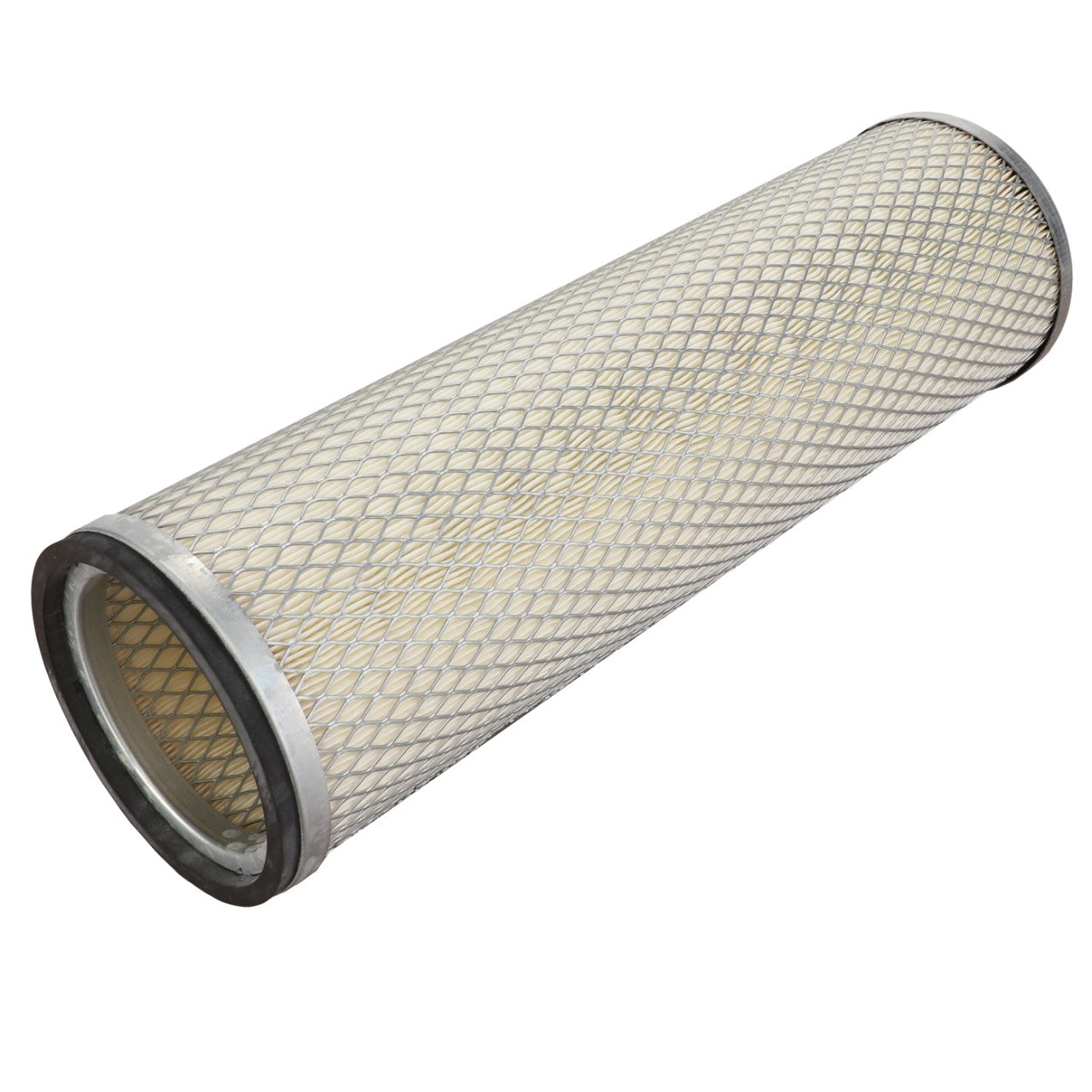 The AGCO | Engine Air Filter - D46480034 from AGCO features a cylindrical design with a durable metal mesh exterior and an open end, ensuring 99.9% filtration efficiency to protect your engine in air filtration systems.