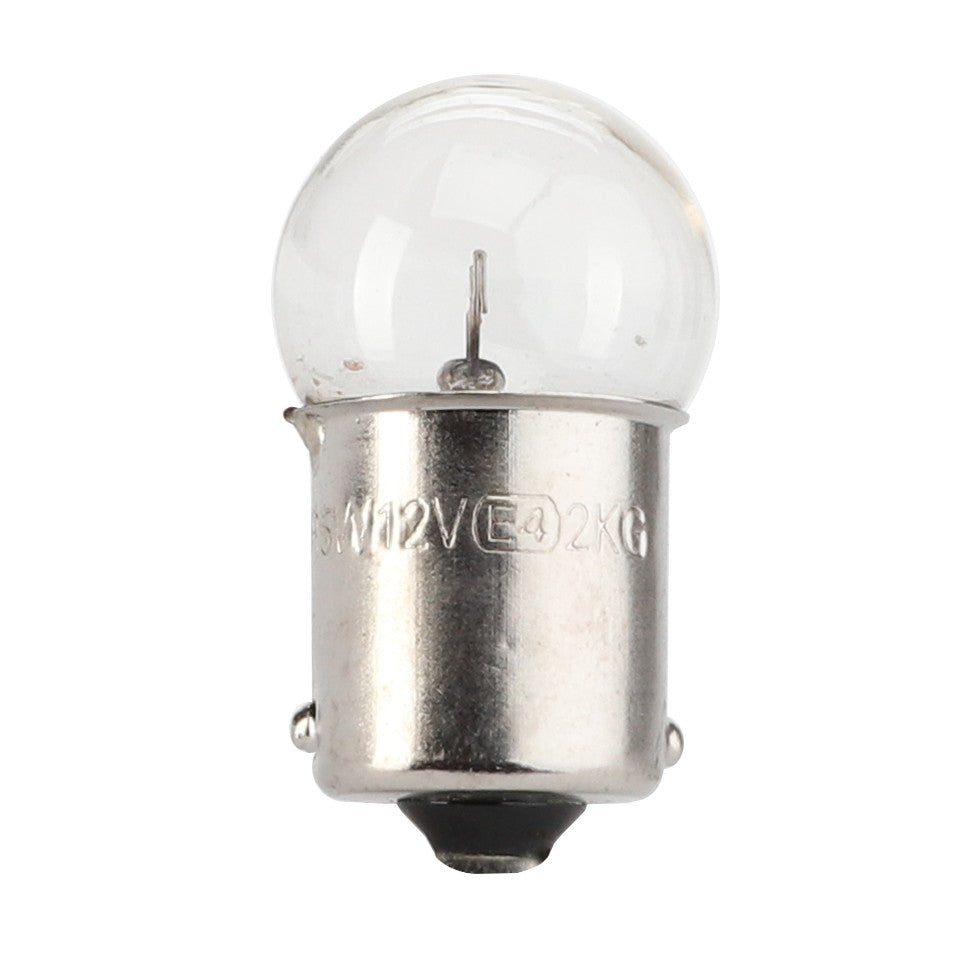 Close-up of a clear, round incandescent light bulb with a metal base, showcasing the AGCO Bulb 12V 5W - LA10857790, known for reliability and efficiency.