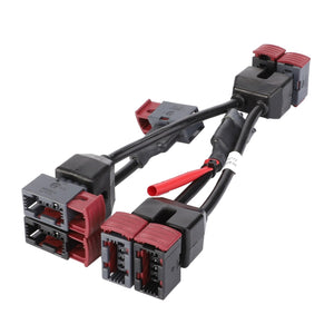 The AGCO Wire Harness - V39386600, a Y-shaped splitter cable with black and red connectors on each end and multiple plug interfaces, is perfect for Massey Ferguson equipment.