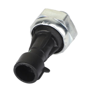 Close-up of the AGCO Pressure Sensor - Acw1614800, featuring a metallic and black plastic design with a threaded end and a conical shape on the opposite side. No further product description information is available for this precise component.