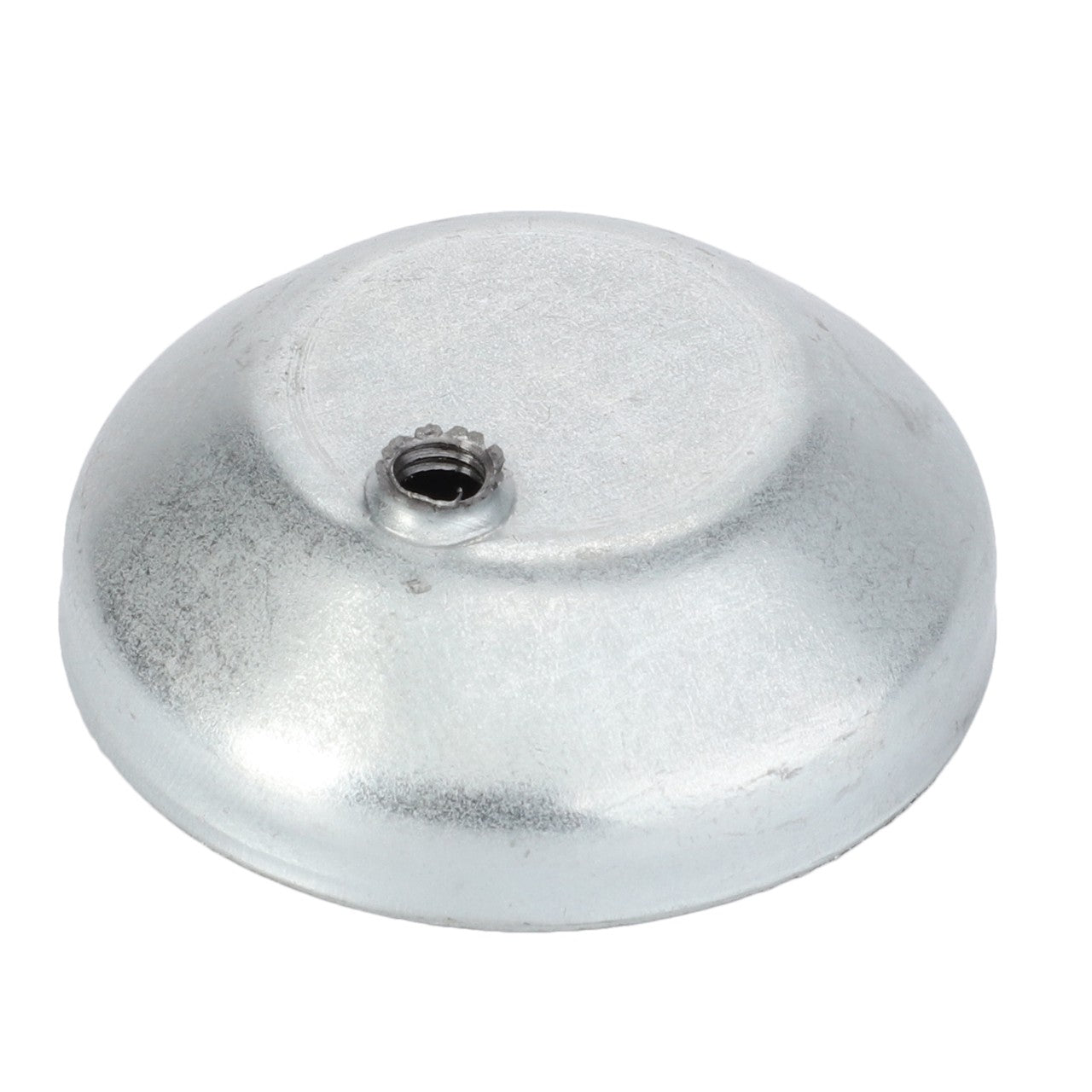 The AGCO Cover - 3903896M1 is a round, silver metal base with a threaded hole in the center, compatible with various Massey Ferguson models.