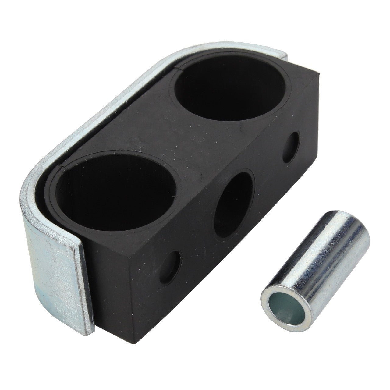 The AGCO Clamp - Acx0133920, combining rubber and metal materials, features two circular holes and one smaller hole in the center. Additionally, there is no product description available for the separate metal insert placed beside it.